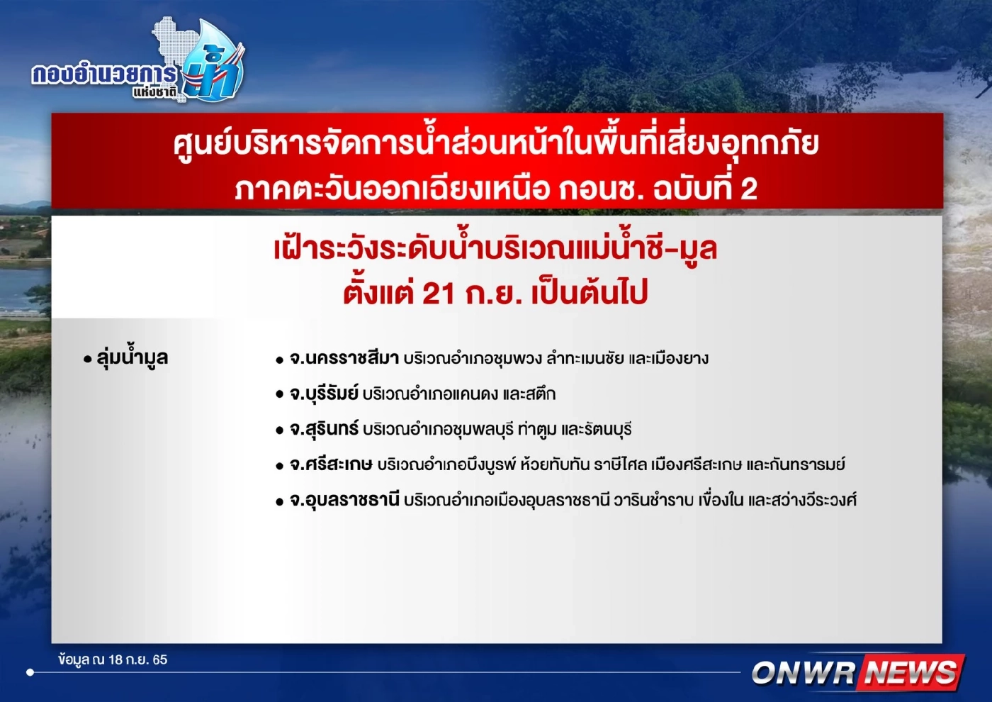 เตือนพื้นที่เสี่ยงลุ่มน้ำมูล