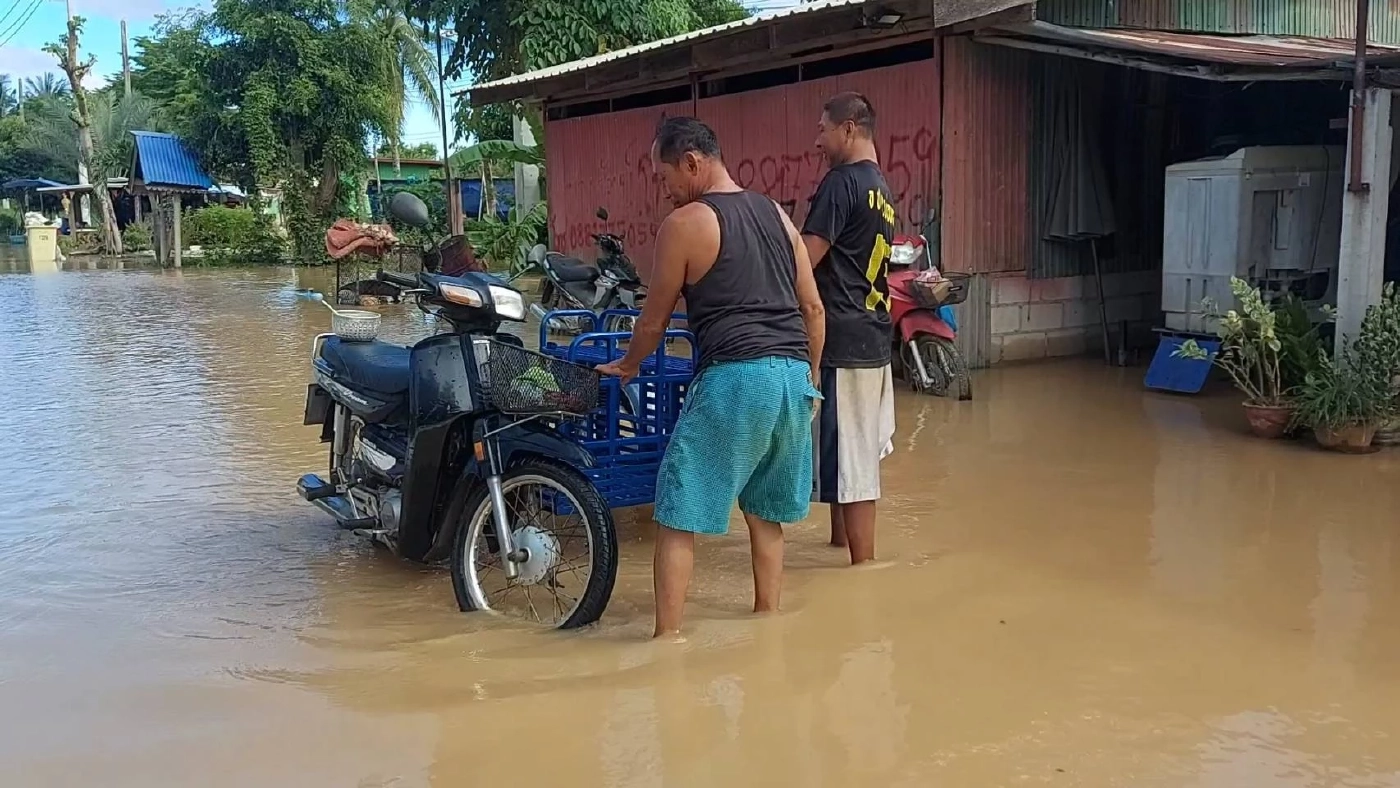 คันดินถนนเลียบแม่น้ำยมพัง น้ำทะลักท่วม 2 หมู่บ้านสูง 3 เมตร เร่งอพยพวุ่น