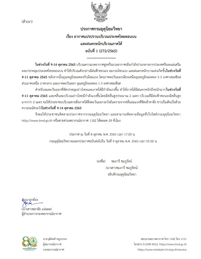 ประกาศฉบับที่ 1 อากาศแปรปรวน เตือน! ภาคใต้ “ฝนตกหนัก” 9-11 ต.ค.นี้