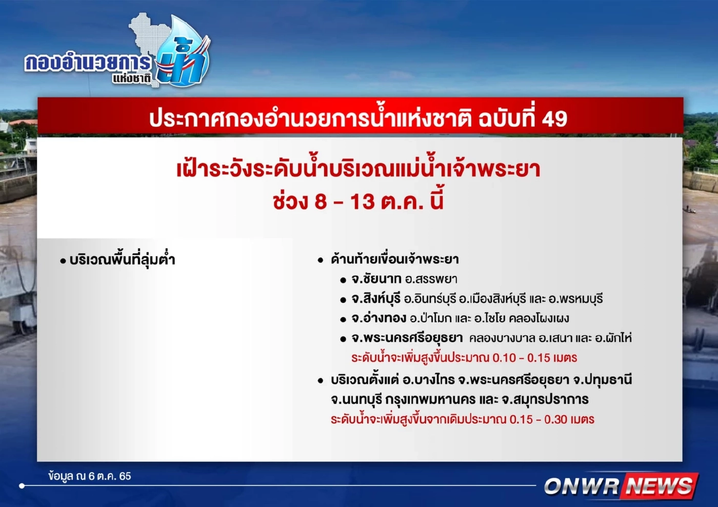 กอนช. ประกาศฉบับที่ 49 เตือนเฝ้าระวังระดับน้ำเจ้าพระยา 