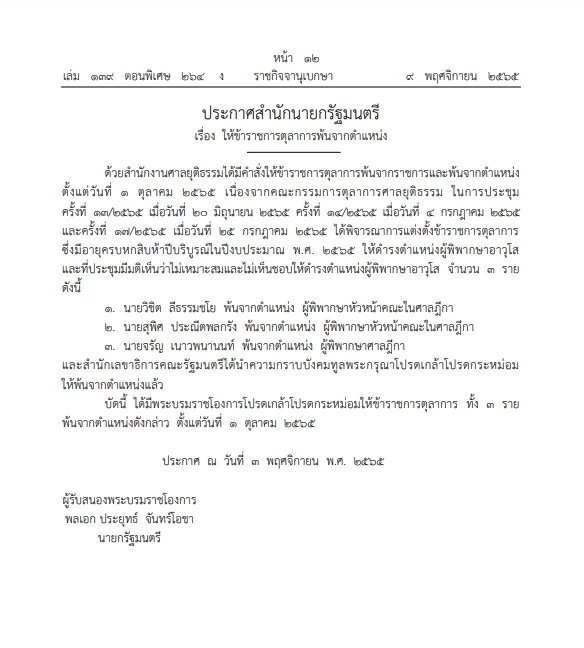 "ราชกิจจาฯ" เผยแพร่ประกาศสำนักนายกฯให้"ข้าราชการตุลาการ" พ้นจากตำแหน่ง