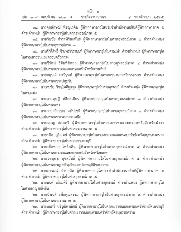 เปิดรายชื่อ "145 ผู้พิพากษาอาวุโส" โปรดเกล้าฯ แต่งตั้ง ประกาศลง"ราชกิจจาฯ"