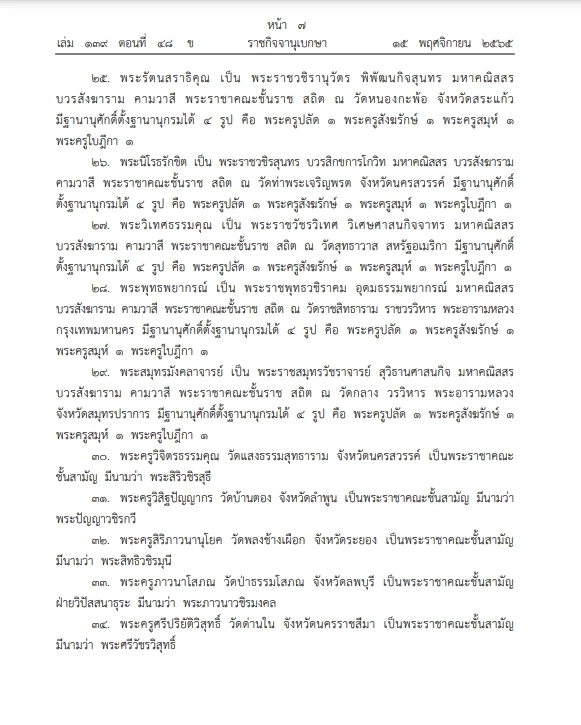 "ราชกิจจาฯ" เผยแพร่  ประกาศพระราชทานสัญญาบัตรตั้งสมณศักดิ์  จำนวน 59 รูป 