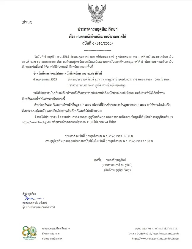 ประกาศกรมอุตุฯ ฉบับที่ 6 เตือน 15 จังหวัดภาคใต้ฝนตกหนักถึงหนักมาก 6 พ.ย.65