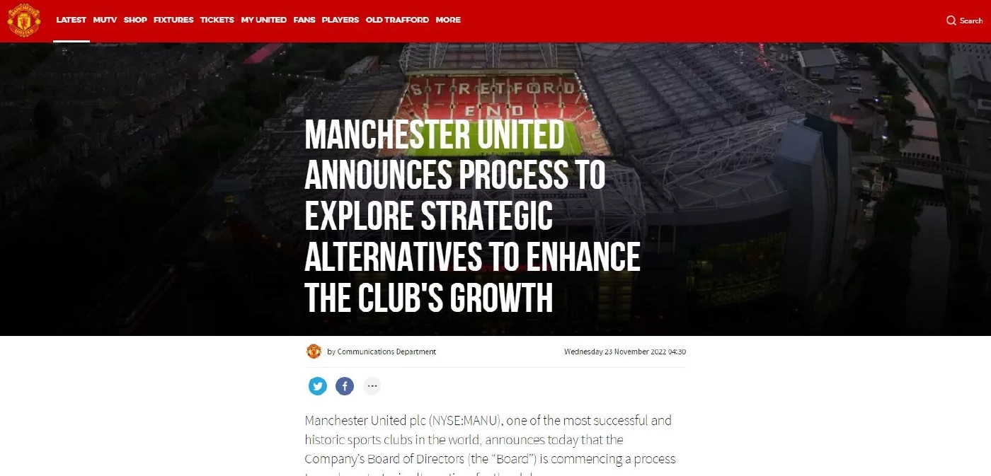 เจ้าของทีมแมนยู แถลงพร้อมขายกิจการสโมสร