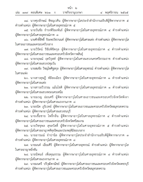 เปิดรายชื่อ "145 ผู้พิพากษาอาวุโส" โปรดเกล้าฯ แต่งตั้ง ประกาศลง"ราชกิจจาฯ"