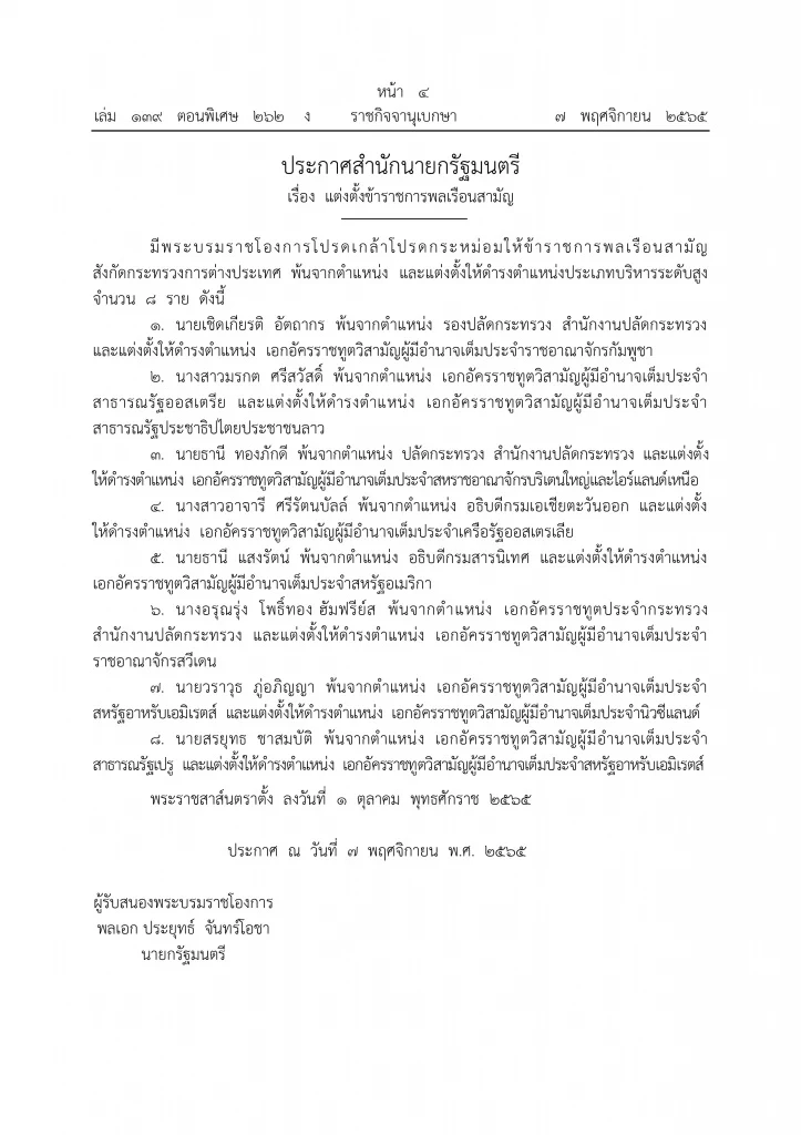 โปรดเกล้าฯ แต่งตั้งทูต 10 ประเทศ “ธานี แสงรัตน์” ประจำสหรัฐอเมริกา