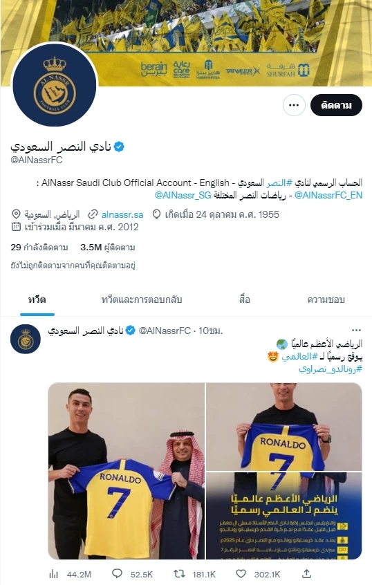 เปิดรายได้ คริสเตียโน่ โรนัลโด้ ย้ายร่วมทีม อัล นาสเซอร์ ค่าเหนื่อยสถิติโลก