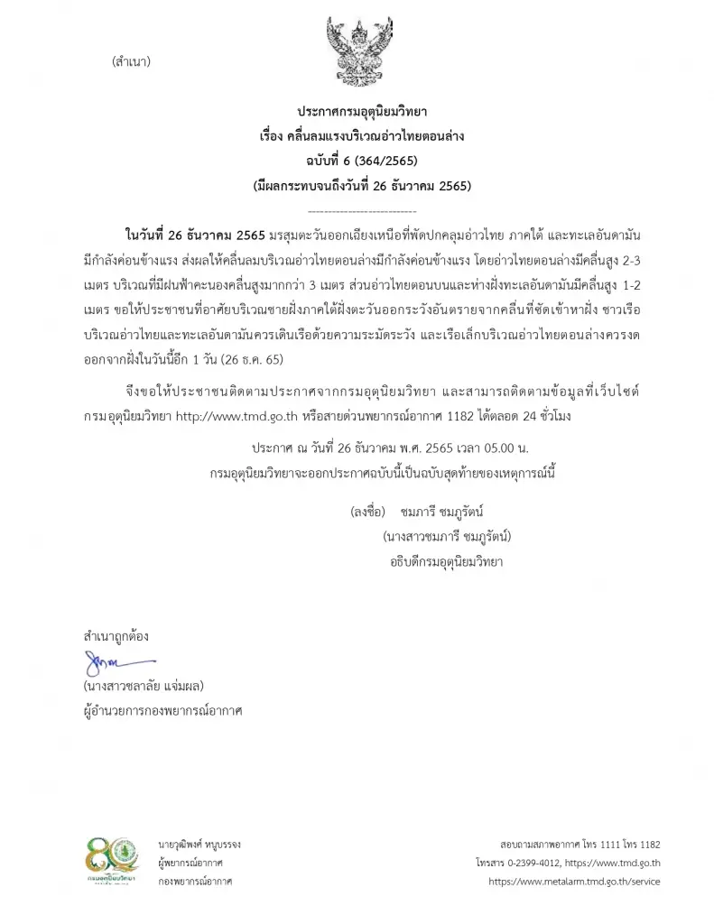 กรมอุตุฯ ประกาศฉบับ 6 มรสุมปกคลุม อ่าวไทย"คลื่นลมแรง" ไทยตอนบนอากาศหนาว