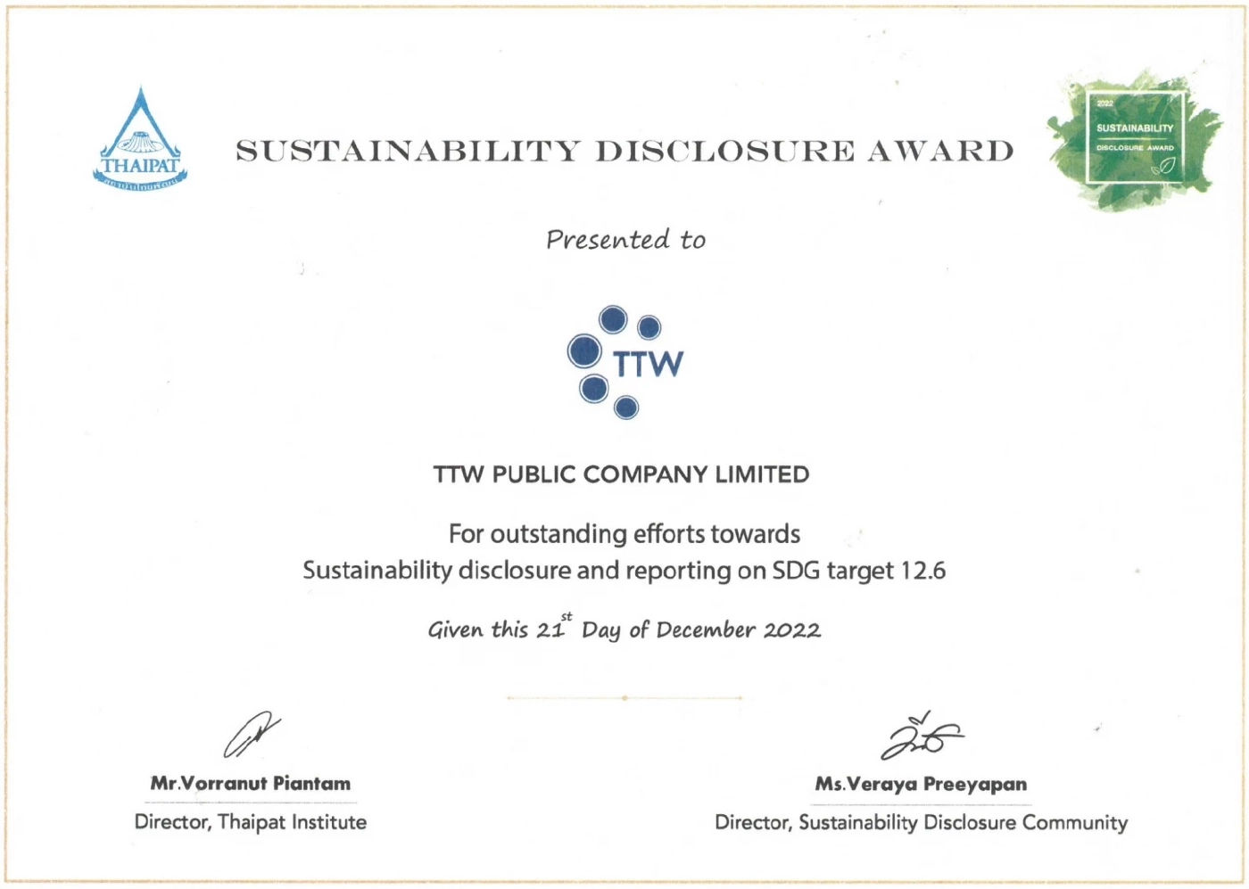 TTW รับรางวัลเกียรติคุณ Sustainability Disclosure Award ประจำปี 2565 