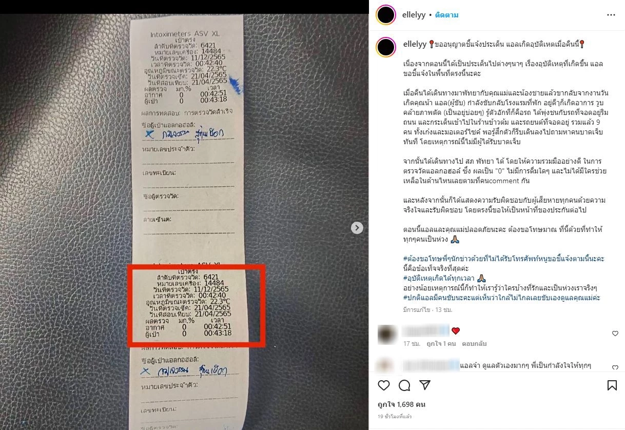 "แอล กมลวรรณ" โชว์หลักฐานเป่าแอลกอฮอล์ ยืนยันไม่ได้ดื่ม-ไม่มีใครช่วยเหลือ