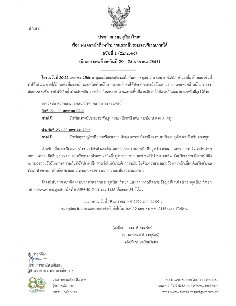 ประกาศกรมอุตุนิยมวิทยา ฉบับที่ 1 เตือนภาคใต้ฝนตกหนักถึงหนักมากและคลื่นลมแรง