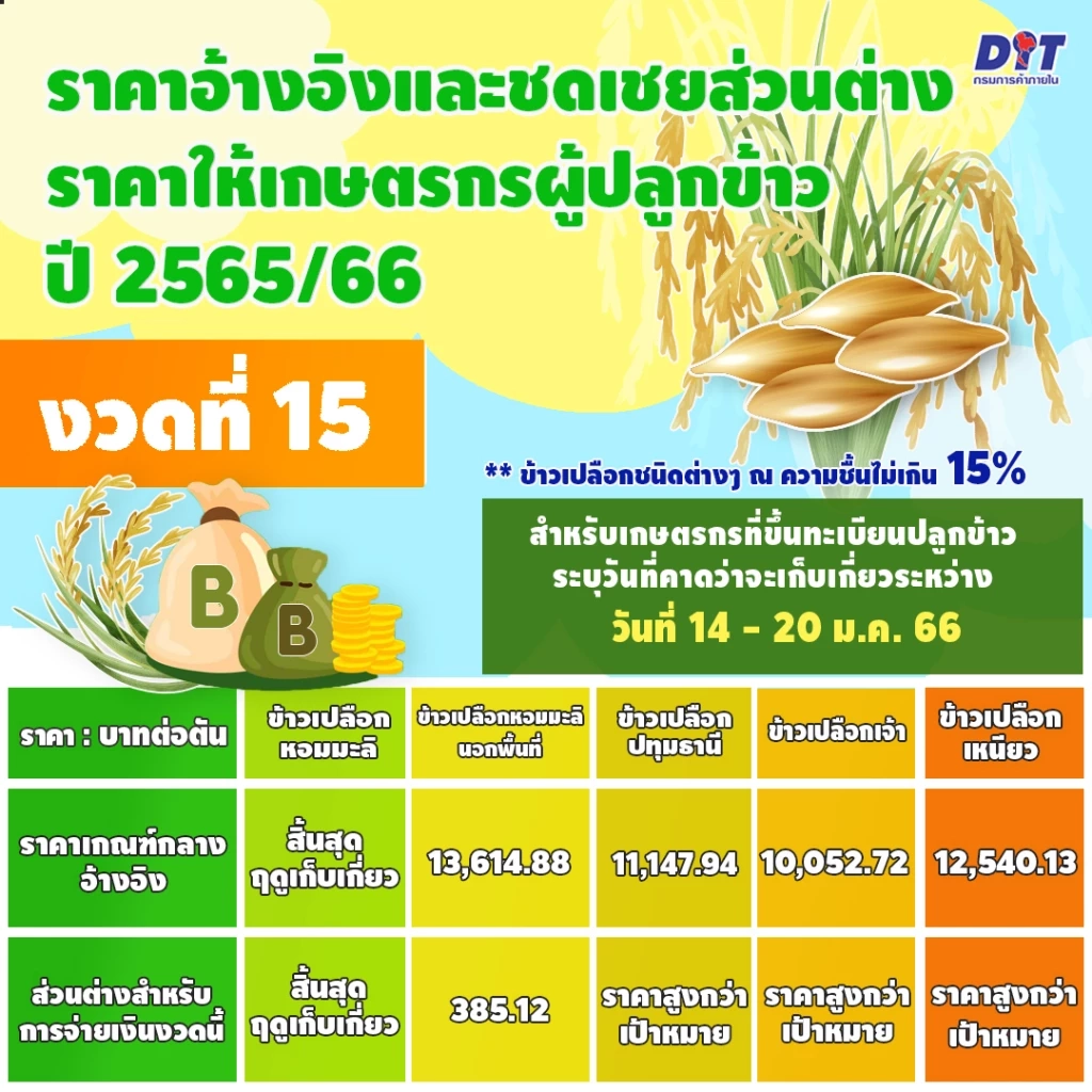 เช็กเลย ! ประกันรายได้ข้าวงวด 15 จ่ายเท่าไหร่