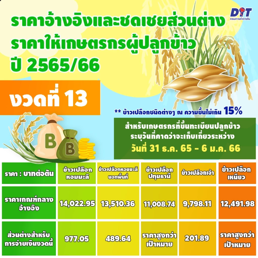 "พาณิชย์" เคาะชดเชยราคาข้าว งวด 13 ชี้ราคาดีรับปีใหม่ เหลือชดเชยแค่ 3 ชนิด