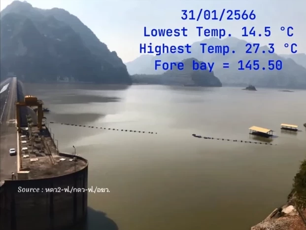 น้ำเขื่อนวชิราลงกรณเปลี่ยนสี หลังอุณหภูมิลดต่ำ เตือนกระชังปลารับมือ