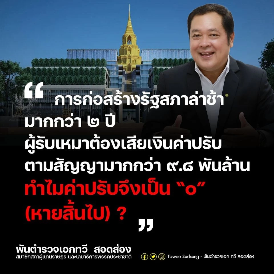 “ทวี” ข้องใจ! ก่อสร้างรัฐสภา ล่าช้า กว่า 2 ปี  แต่ผู้รับเหมาไม่เสียค่าปรับ