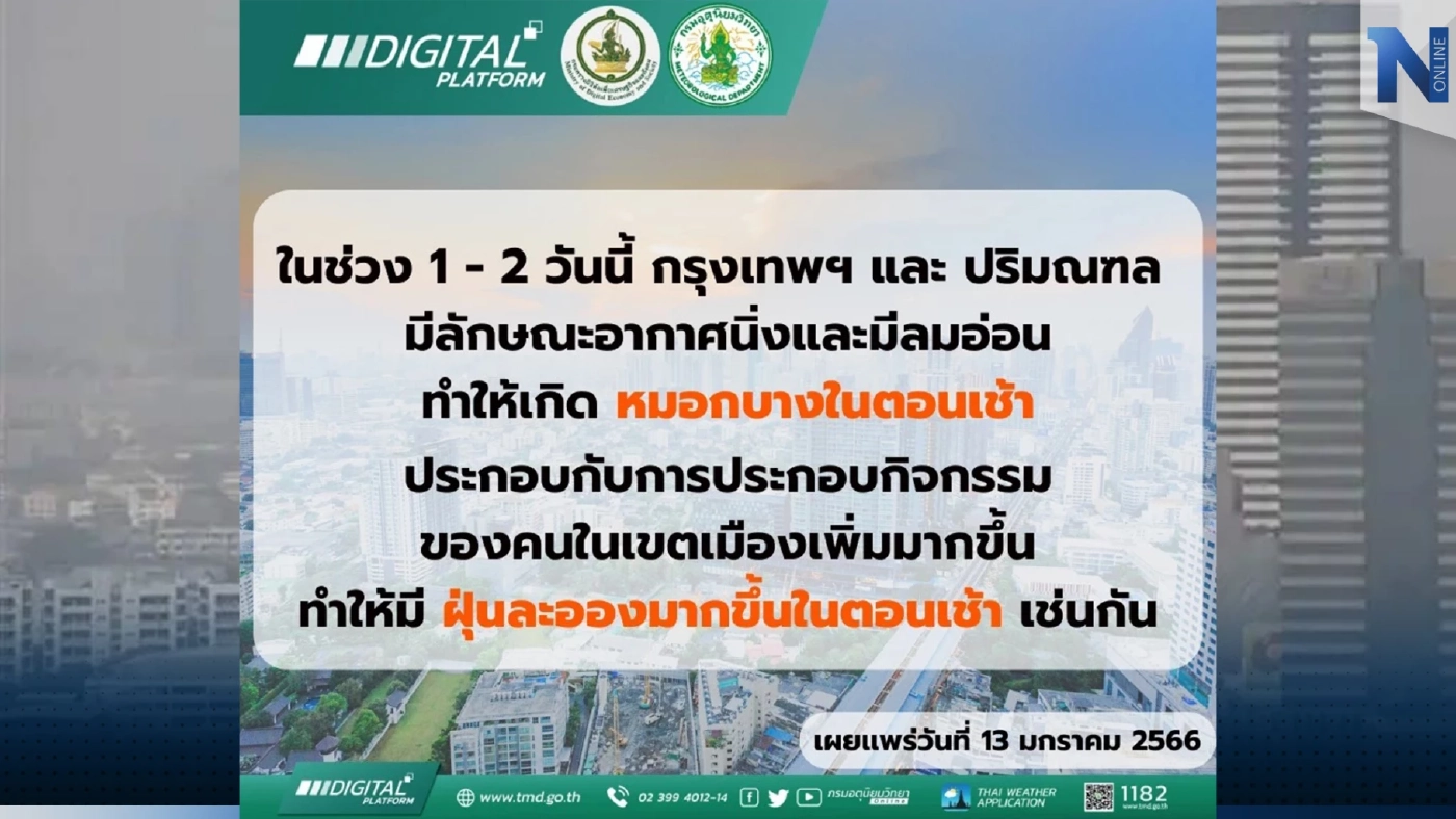 กทม.เตือน เตรียมรับมือค่าฝุ่น PM 2.5 พุ่ง ในช่วง 16-17 ม.ค.นี้