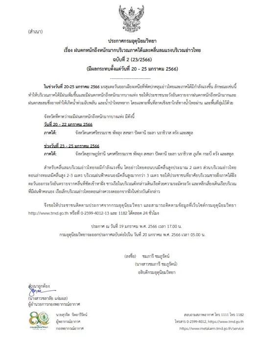 ประกาศกรมอุตุฯ ฉบับที่ 2 เตือน 11 จังหวัดภาคใต้ เฝ้าระวังฝนตกหนักถึงหนักมาก 