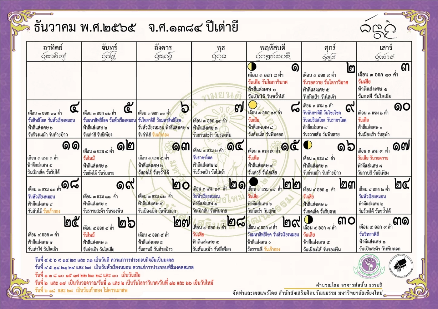 ปฏิทินล้านนาเมื่อปี  2565 มื้อจั๋นวันดี  สำนักส่งเสริมศิลปวัฒนธรรม มหาวิทยาลัยเชียงใหม่