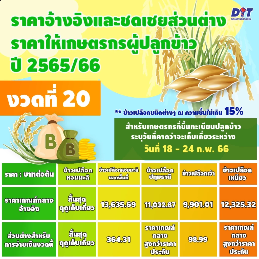 ชาวนารอเลย! พาณิชย์เคาะ เงินชดเชยราคาข้าว งวด 20 เตรียมโอนใน 3วัน