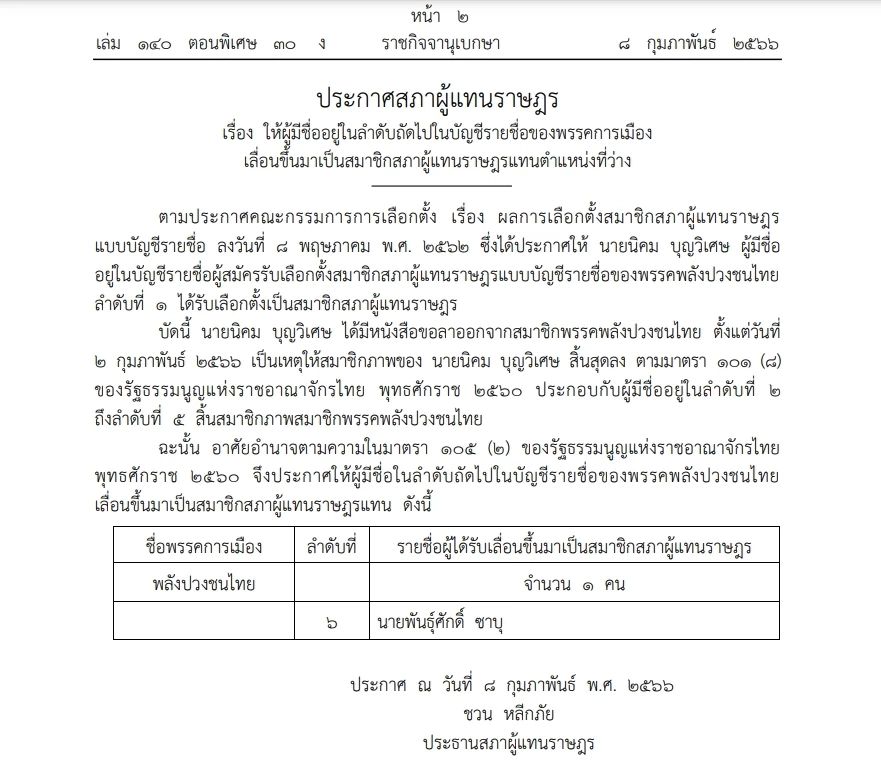 ประกาศสภาฯ "พันธุ์ศักดิ์ ซาบุ" เลื่อนเป็น ส.ส. แทน "นิคม บุญวิเศษ"