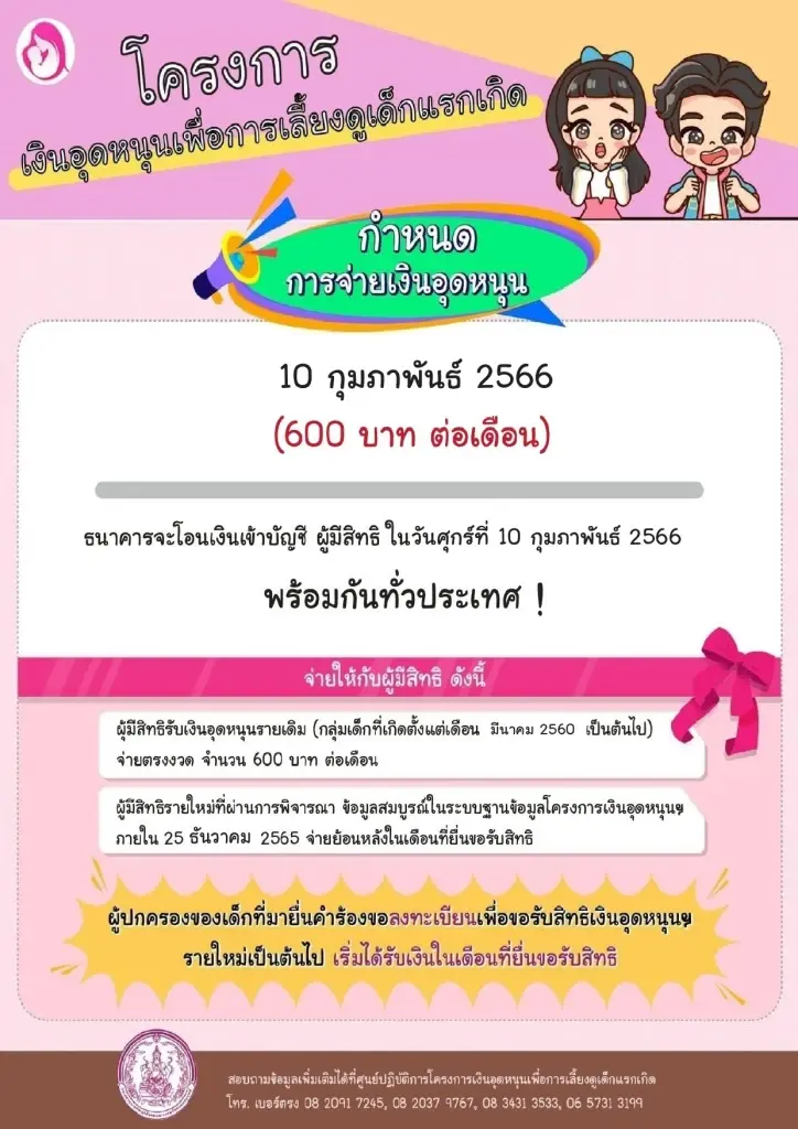 เงินอุดหนุนเด็กแรกเกิด งวดเดือนกุมภาพันธ์ 2566