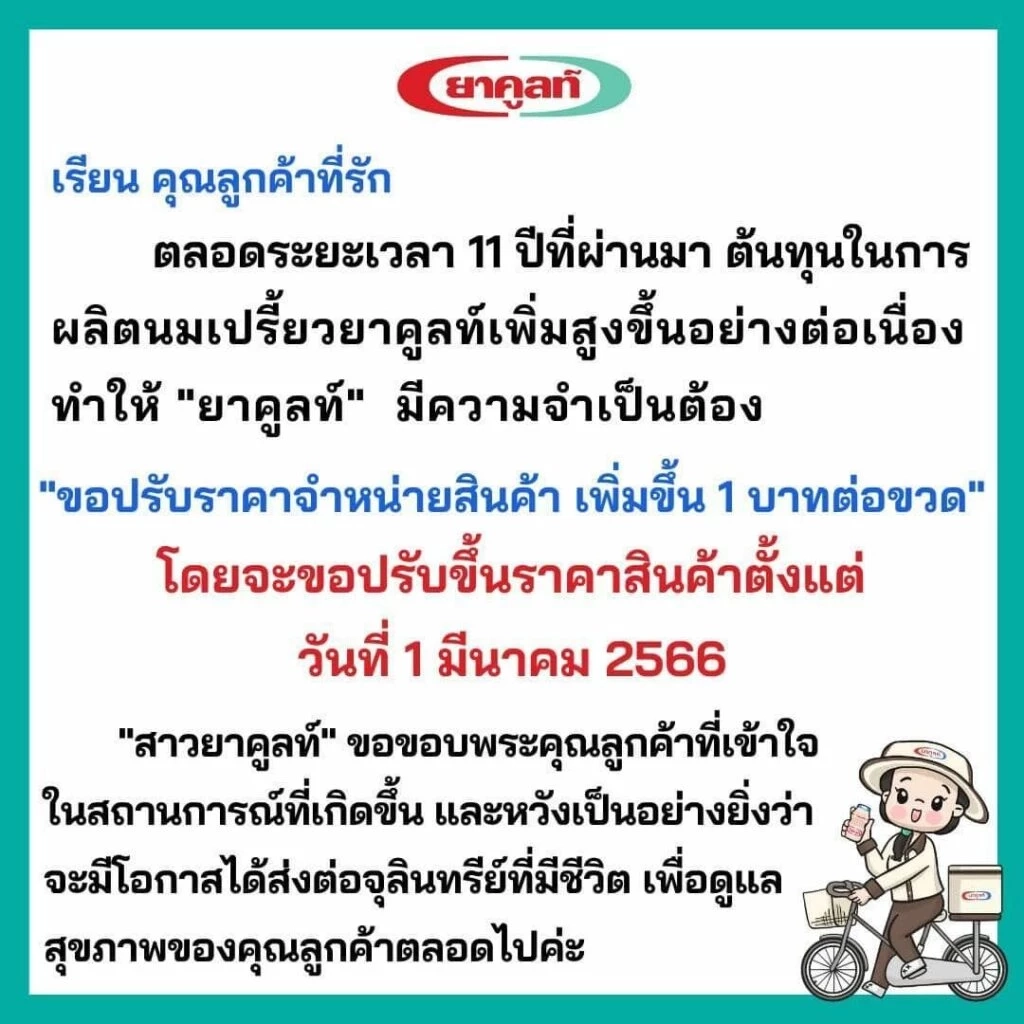 ยาคูลท์ แจ้งปรับขึ้นราคา 1 บาท 