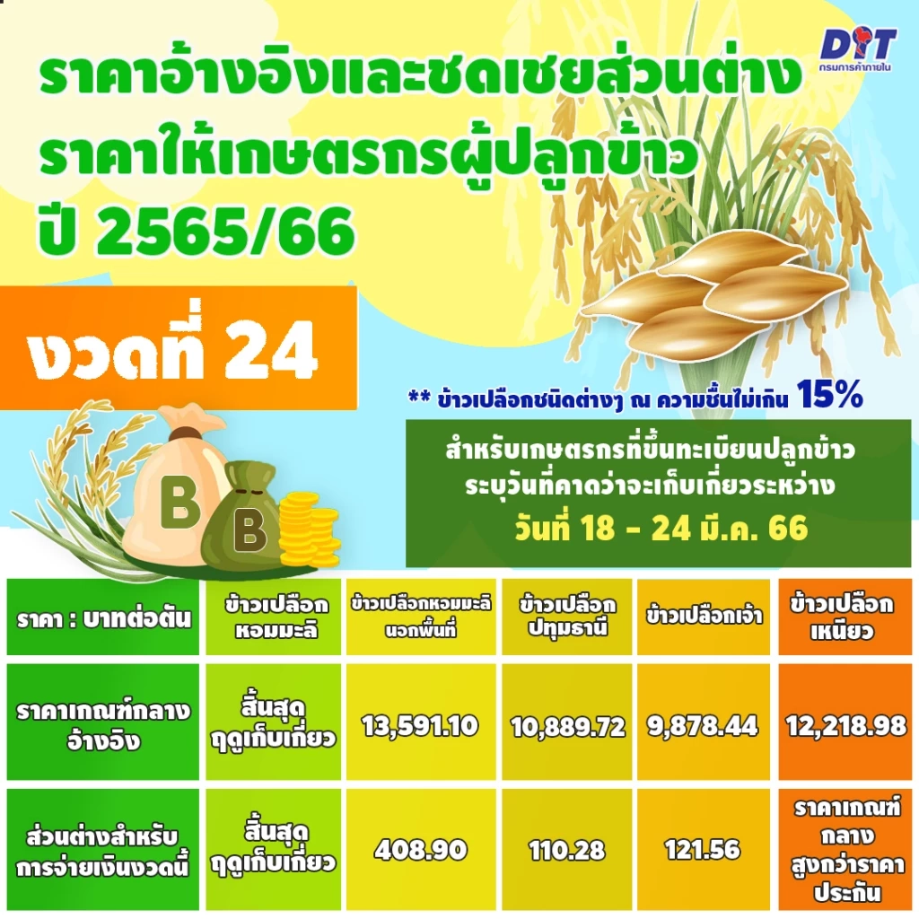 ชาวนาเฮต่อ! พาณิชย์ เคาะชดเชย ประกันรายได้ข้าวงวด 24 ให้ข้าว 3 ชนิด