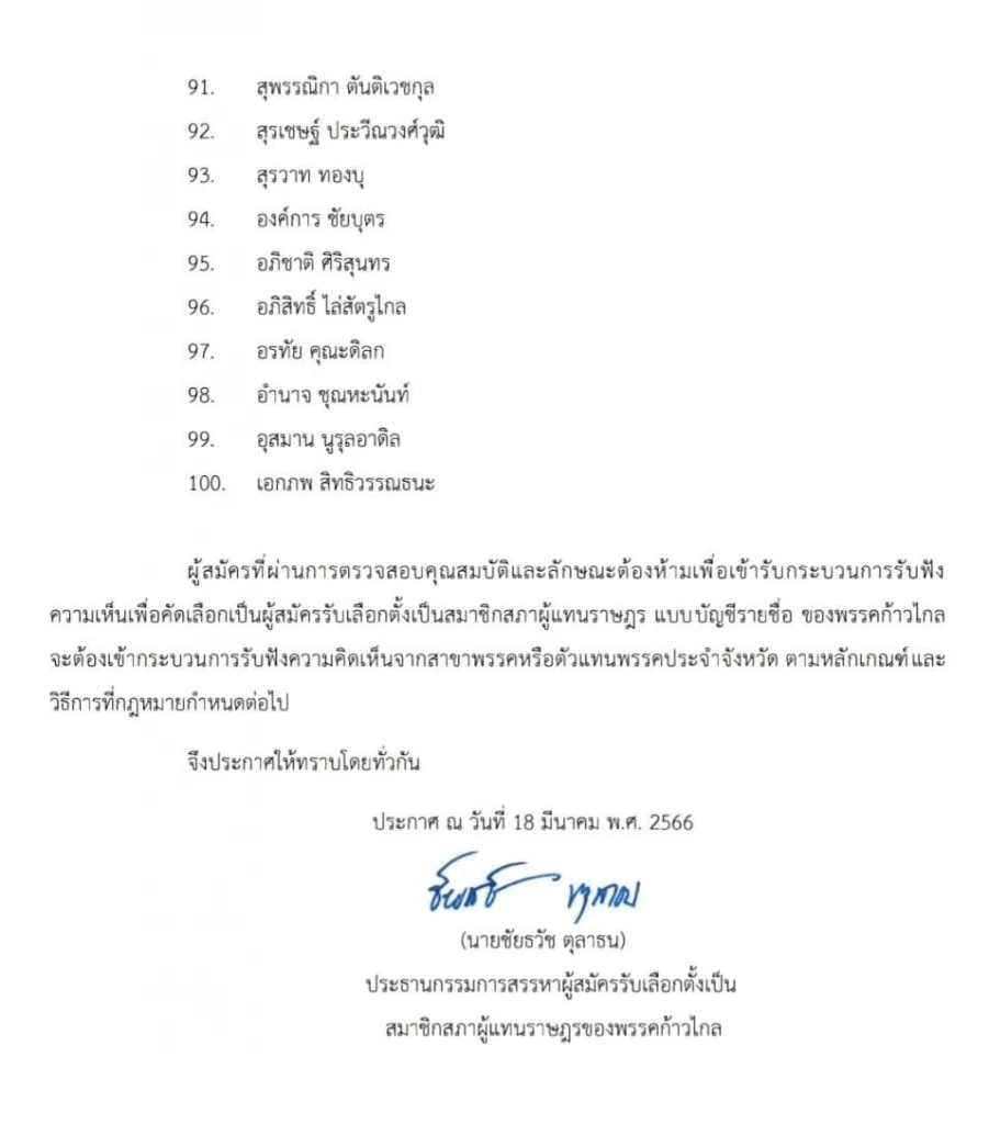 เปิด 100 รายชื่อปาร์ตี้ลิสต์ "ก้าวไกล" สู้ศึกเลือกตั้ง 66