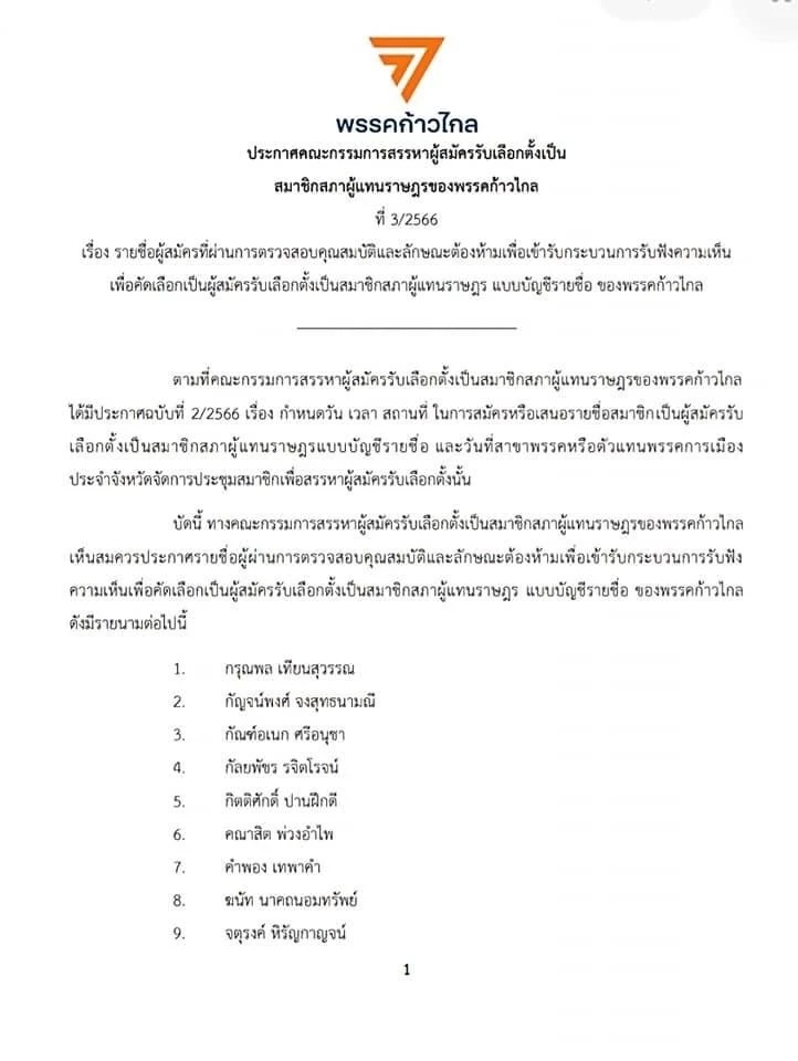 เปิด 100 รายชื่อปาร์ตี้ลิสต์ "ก้าวไกล" สู้ศึกเลือกตั้ง 66