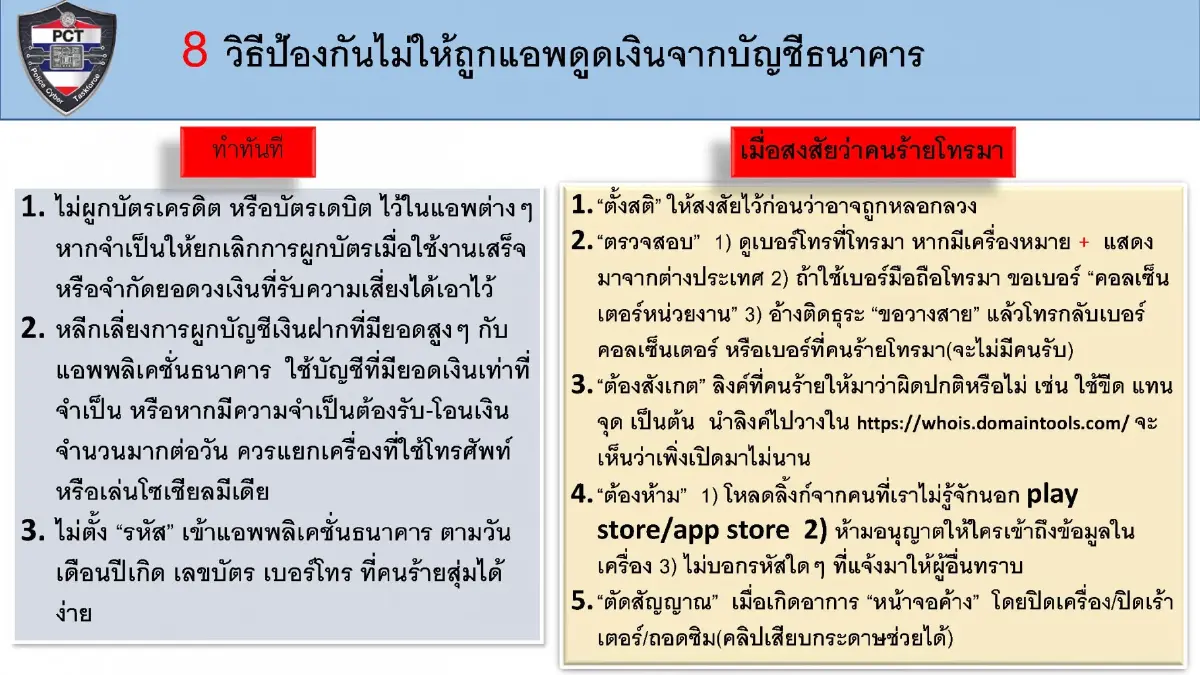 ตร.เตือนแก๊งคอลเซ็นเตอร์ อ้าง จนท.กระทรวงการคลัง ล้วงข้อมูลดูดเงินในบัญชี