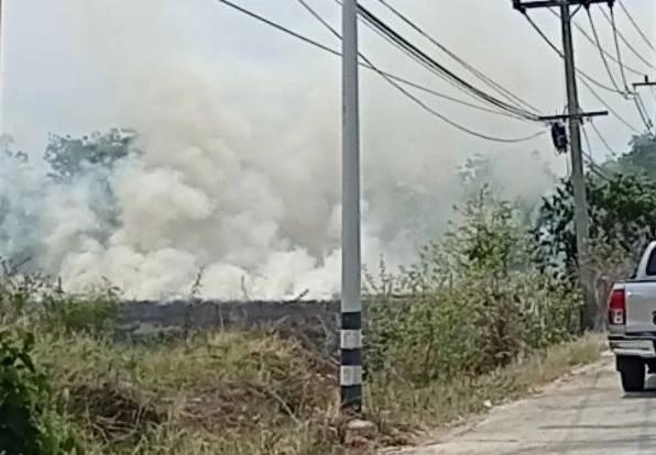 ไฟไหม้ต้นธูปฤาษี ควันปกคลุมถนน มองแทบไม่เห็นทาง จนท.ระดมฉีดน้ำดับ