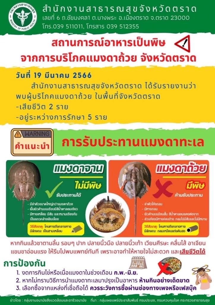 ดับแล้ว 2 ราย สสจ.ตราด เตือน บริโภคแมงดาถ้วย มีฤทธิ์ถึงตาย