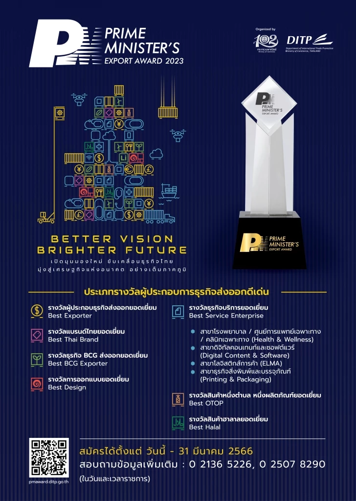พาณิชย์ชวนสมัครรางวัล PM’s Export Award 2023 ขับเคลื่อนธุรกิจไทยมุ่งสู่เศรษฐกิจแห่งอนาคต วันนี้-31 มี.ค.66