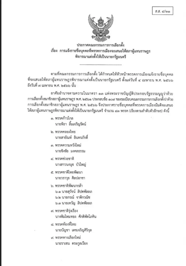 ดูเลย! 6 พรรคการเมืองเสนอแคนดิเดตครบ 3 รายชื่อ