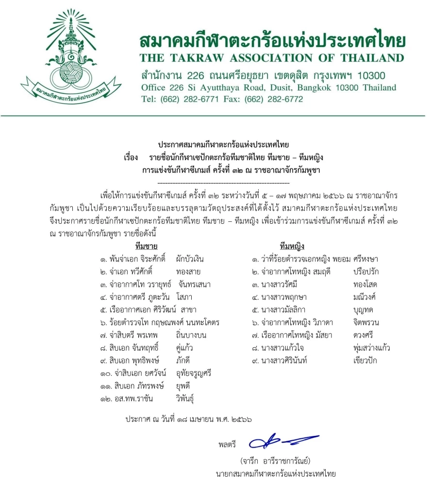 "ส.ตะกร้อ" ประกาศรายชื่อนักกีฬาชุด "ซีเกมส์ 2023", "พรชัย" ไร้ชื่อครั้งแรกรอบ 20 ปี