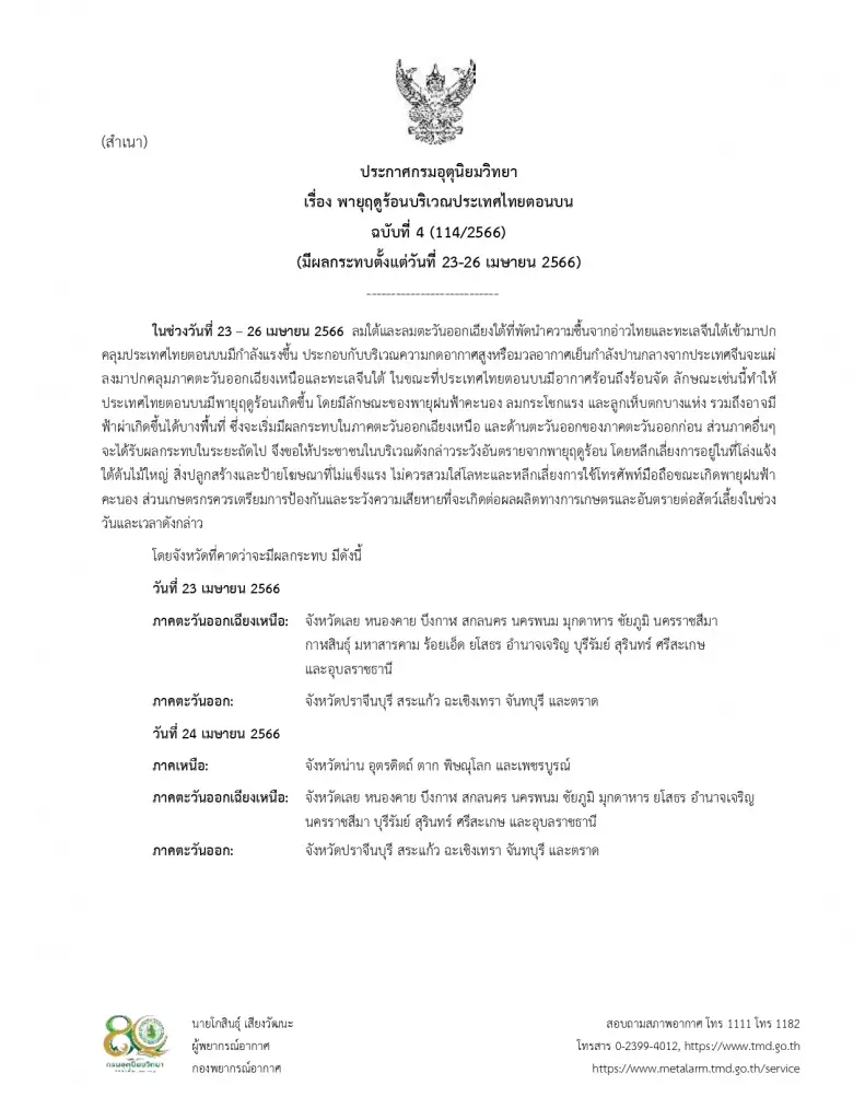 อุตุฯประกาศฉบับ 4 เตือนภัย "พายุฤดูร้อน" อัปเดตจังหวัดได้รับผลกระทบล่าสุด