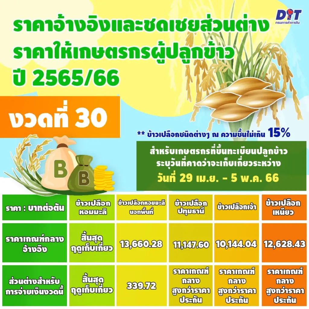 ชาวนาเช็ก! พาณิชย์ เคาะ เงินชดเชยราคาข้าวงวด 30-31 ข้าวชนิดไหนยังได้บ้าง