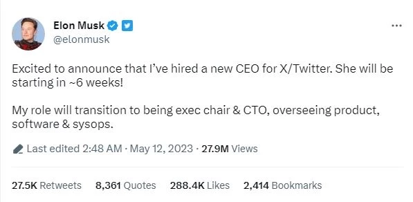 "อีลอน มัสก์" เผยได้ CEO ทวิตเตอร์คนใหม่