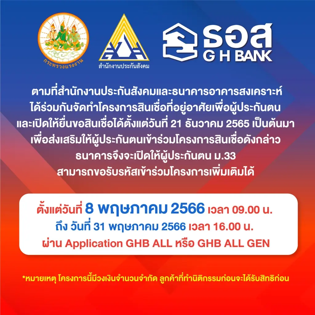 ธอส. พร้อมเปิดให้ผู้ประกันตน ม.33 รับรหัสกู้สินเชื่อรอบใหม่ 8 พ.ค.นี้