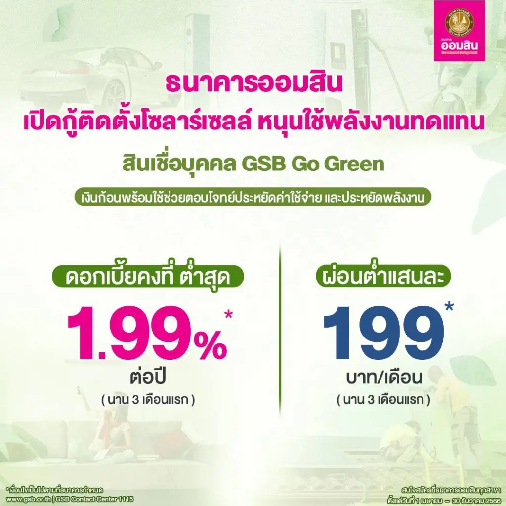 "ออมสิน" เปิดกู้ติดตั้งโซลาร์เซลล์ ลดค่าใช้จ่าย ดอกเบี้ยคงที่ต่ำสุด 1.99%