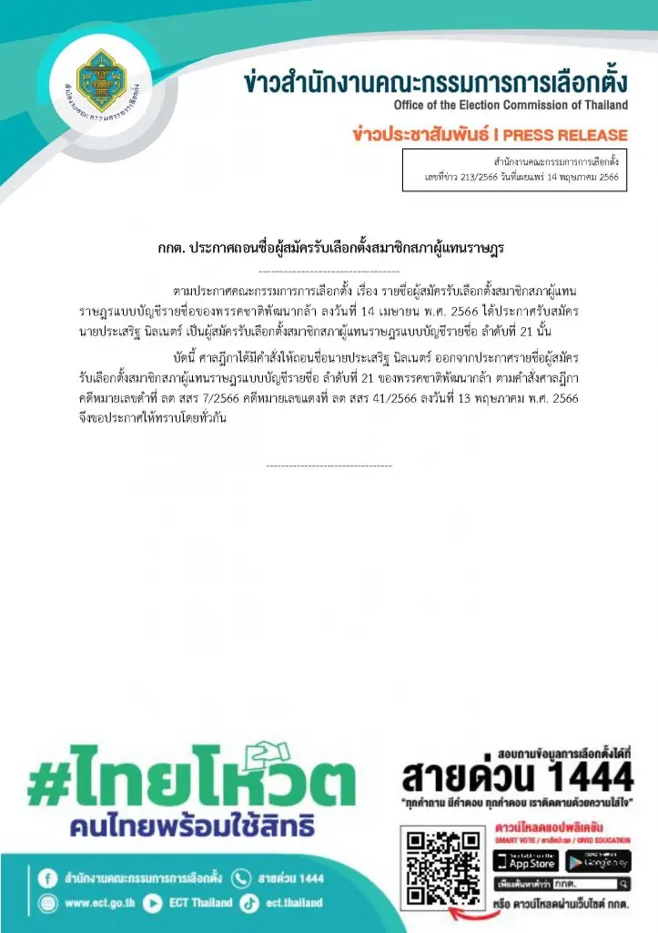 กต.ประกาศถอนชื่อ ประเสริฐ นิลเนตร์ ผู้สมัครส.ส.บัญชีรายชื่อ ชาติพัฒนากล้า