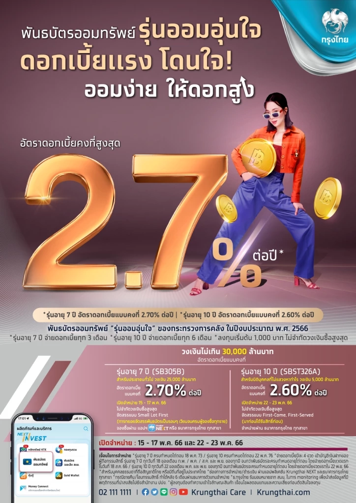 ขายวันแรก! พันธบัตรออมทรัพย์ ดอกคงที่ 2.70%  ผ่าน 4 แบงก์ วงเงิน 2.5 หมื่นล้าน