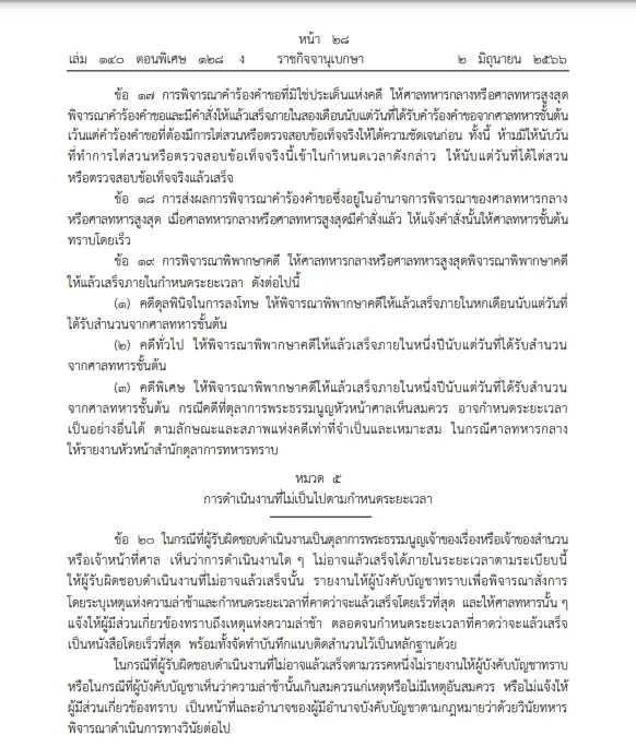 "ศาลทหาร" ปรับแก้ระเบียบว่าด้วยระยะเวลาดำเนินงานพิจารณาคดี มีผลบังคับใช้