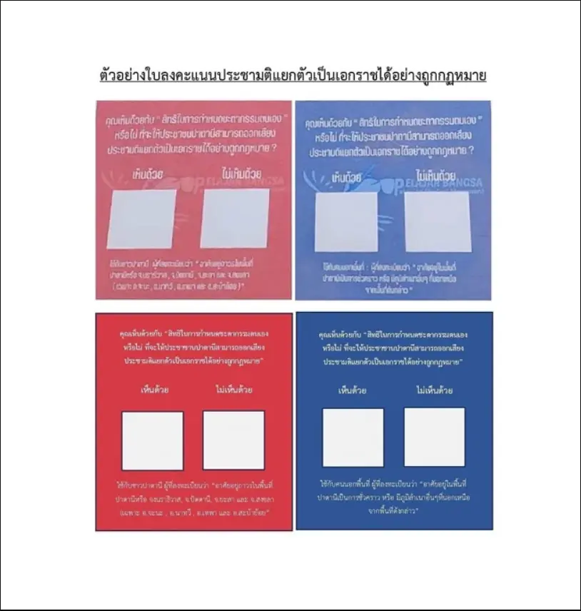 แฟ้มภาพ ตัวอย่างบัตรลงประชามติ ที่มีการแจกจ่ายในงานเสวนา ที่มอ.ปัตตานี 