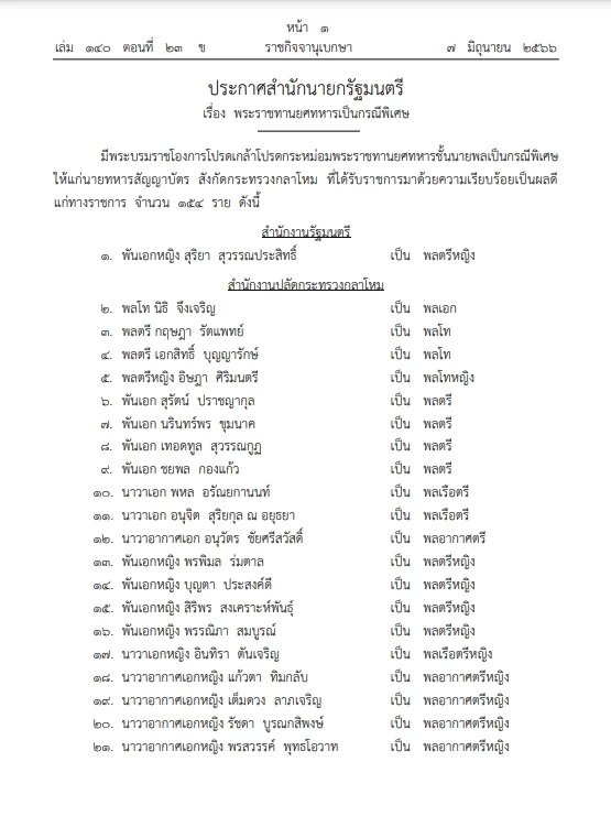 พระบรมราชโองการโปรดเกล้าฯ"พระราชทานยศทหารชั้นนายพล"เป็นกรณีพิเศษ 154 ราย