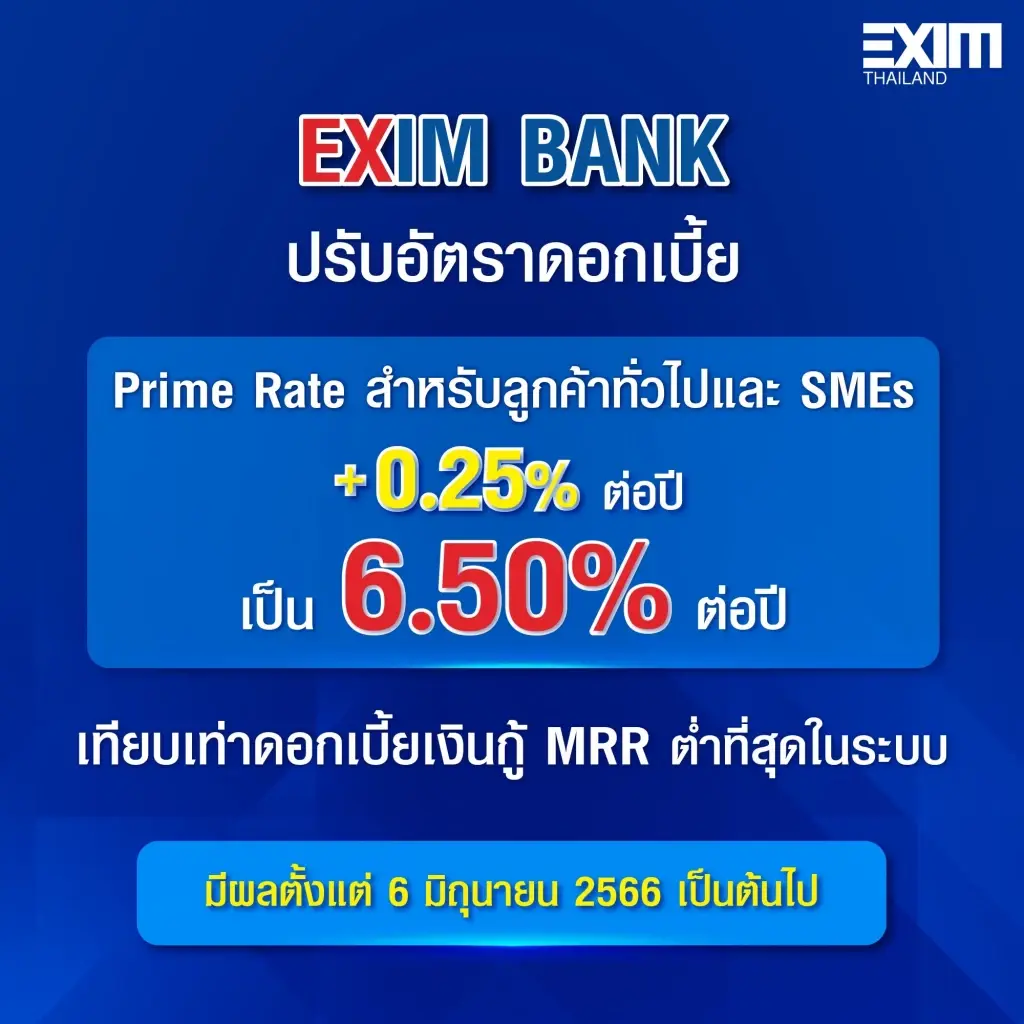 EXIM BANK ปรับอัตราดอกเบี้ยเงินกู้ Prime Rate อีก 0.25% เป็น 6.50% ต่อปี