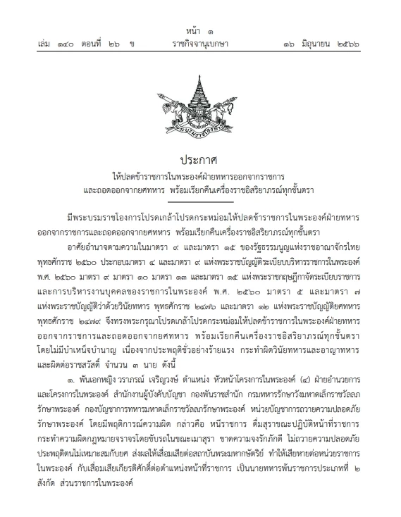 ปลดข้าราชการในพระองค์ฝ่ายทหาร ถอดยศทหาร เรียกคืนเครื่องราชฯทุกชั้นตรา