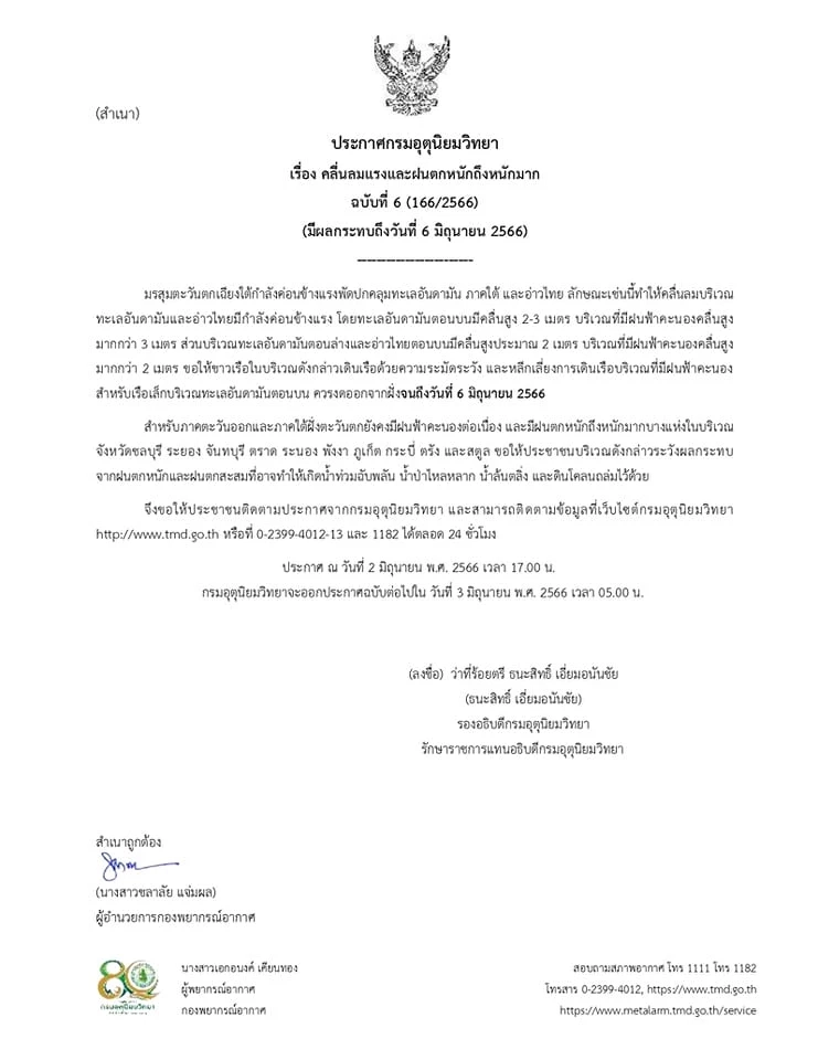 ด่วน ประกาศกรมอุตุนิยมวิทยา ฉบับ 6 เตื่อน คลื่นลมแรงและฝนตกหนักถึงหนักมาก