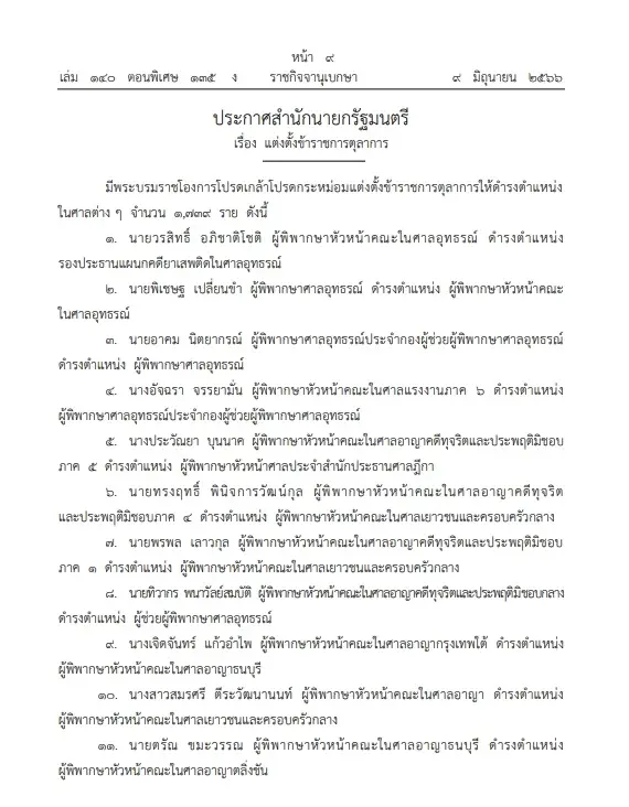 โปรดเกล้าฯ แต่งตั้ง"ข้าราชการตุลาการ"ดำรงตำแหน่งในศาลต่างๆ  1,739 ราย